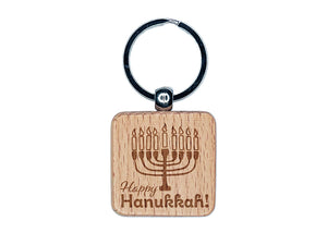 Happy Hanukkah with Menorah Engraved Wood Square Keychain Tag Charm