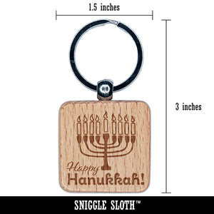 Happy Hanukkah with Menorah Engraved Wood Square Keychain Tag Charm