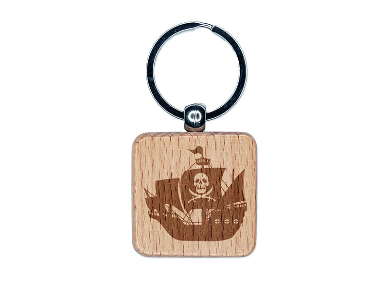 Haunted Ghost Pirate Ship with Jolly Roger Engraved Wood Square Keychain Tag Charm