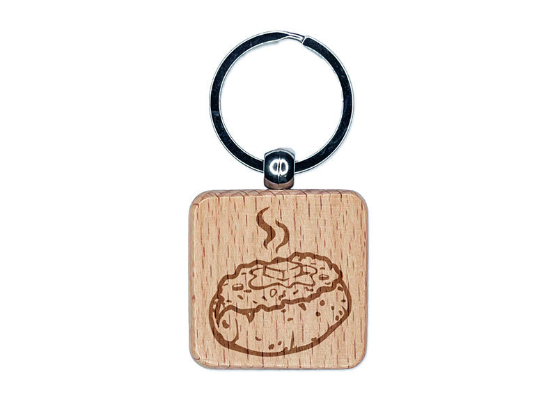 Hot Baked Potato with Chives and Butter Engraved Wood Square Keychain Tag Charm