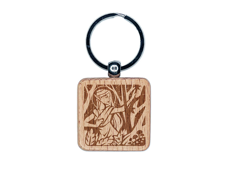 Nordic Elf Woman Mythology Fantasy Engraved Wood Square Keychain Tag Charm