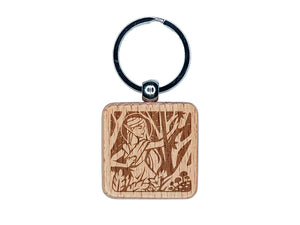 Nordic Elf Woman Mythology Fantasy Engraved Wood Square Keychain Tag Charm