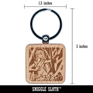 Nordic Elf Woman Mythology Fantasy Engraved Wood Square Keychain Tag Charm