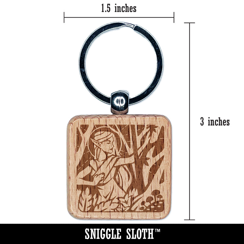 Nordic Elf Woman Mythology Fantasy Engraved Wood Square Keychain Tag Charm