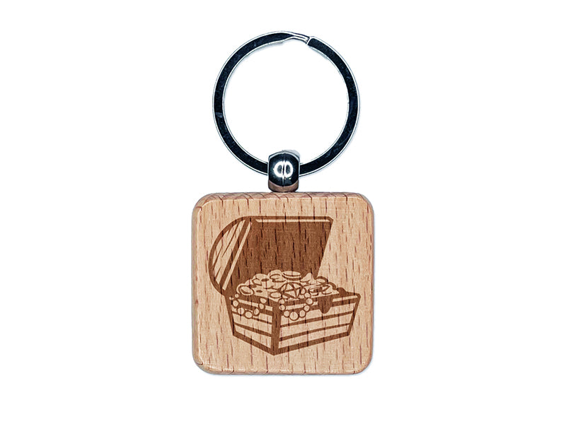 Open Treasure Chest with Gold Pirate Booty Engraved Wood Square Keychain Tag Charm