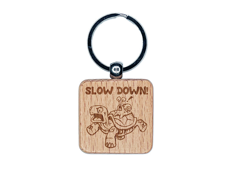 Slow Down Turtle Tortoise and Snail Engraved Wood Square Keychain Tag Charm