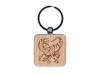 Striped Snarling Velociraptor Engraved Wood Square Keychain Tag Charm