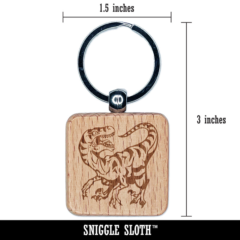 Striped Snarling Velociraptor Engraved Wood Square Keychain Tag Charm