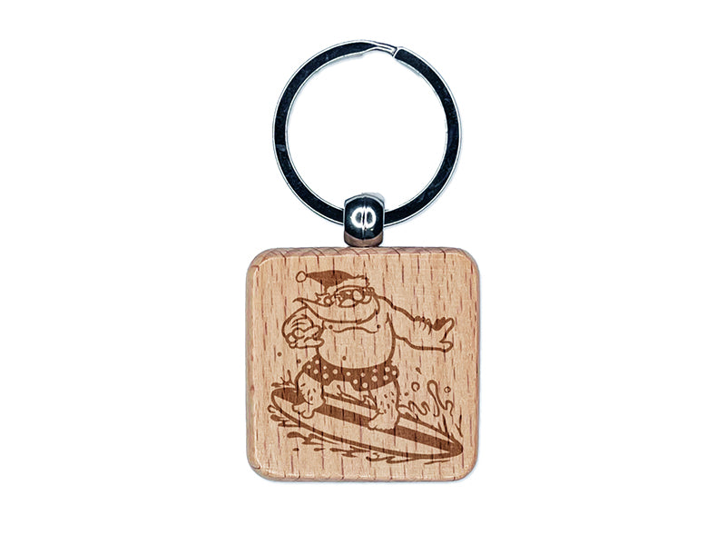 Surfing Santa Claus Christmas Engraved Wood Square Keychain Tag Charm