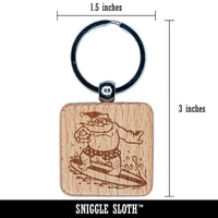 Surfing Santa Claus Christmas Engraved Wood Square Keychain Tag Charm