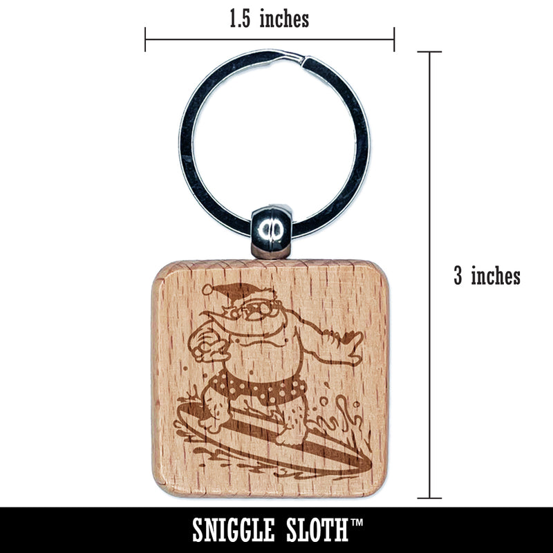 Surfing Santa Claus Christmas Engraved Wood Square Keychain Tag Charm