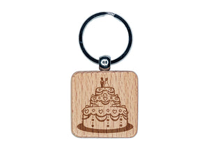 Wedding Cake with Bride and Groom Engraved Wood Square Keychain Tag Charm