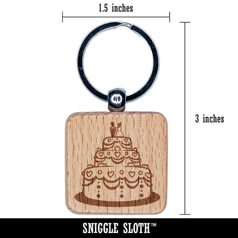 Wedding Cake with Bride and Groom Engraved Wood Square Keychain Tag Charm