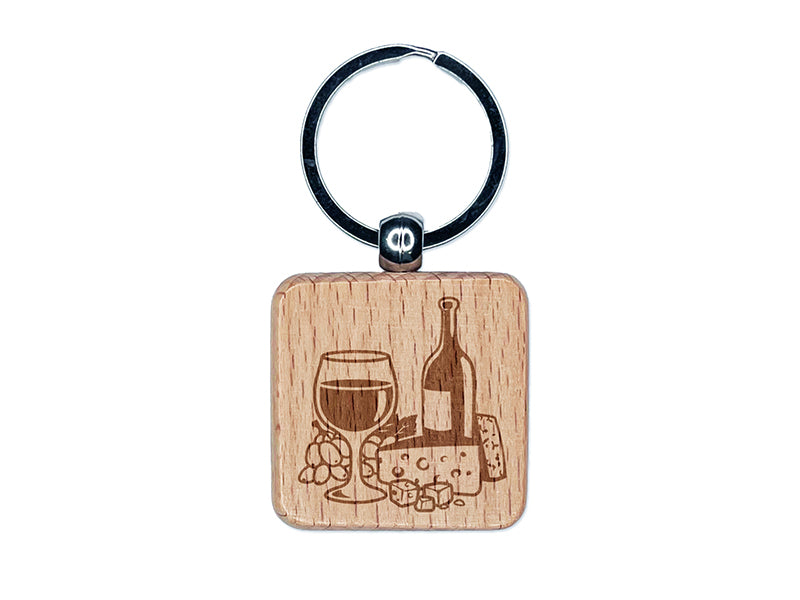 Wine and Cheese Engraved Wood Square Keychain Tag Charm