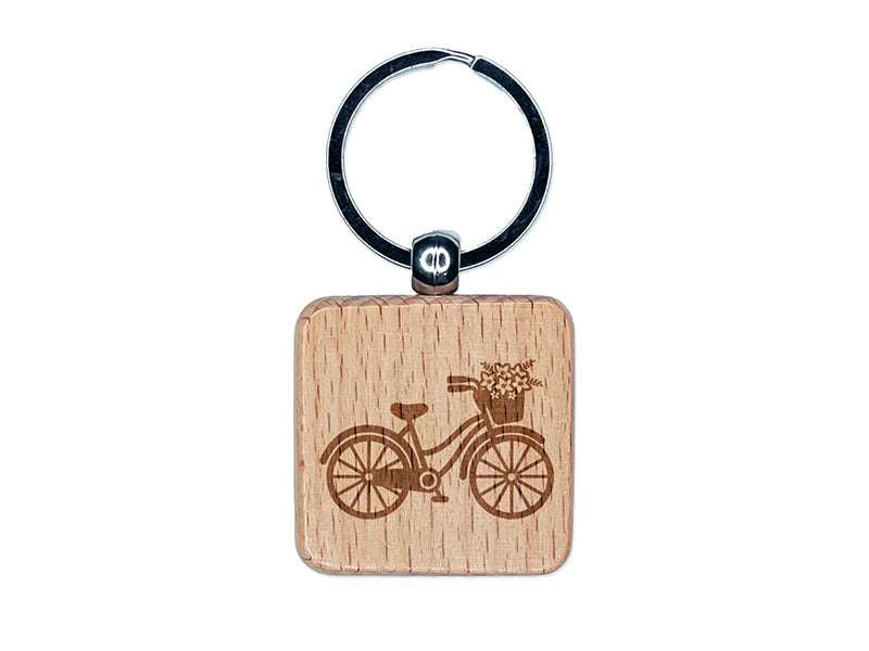 Bike with Flowers Engraved Wood Square Keychain Tag Charm