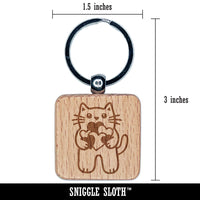 Cat Holding Bunch of Hearts Love Anniversary Valentine's Day Engraved Wood Square Keychain Tag Charm