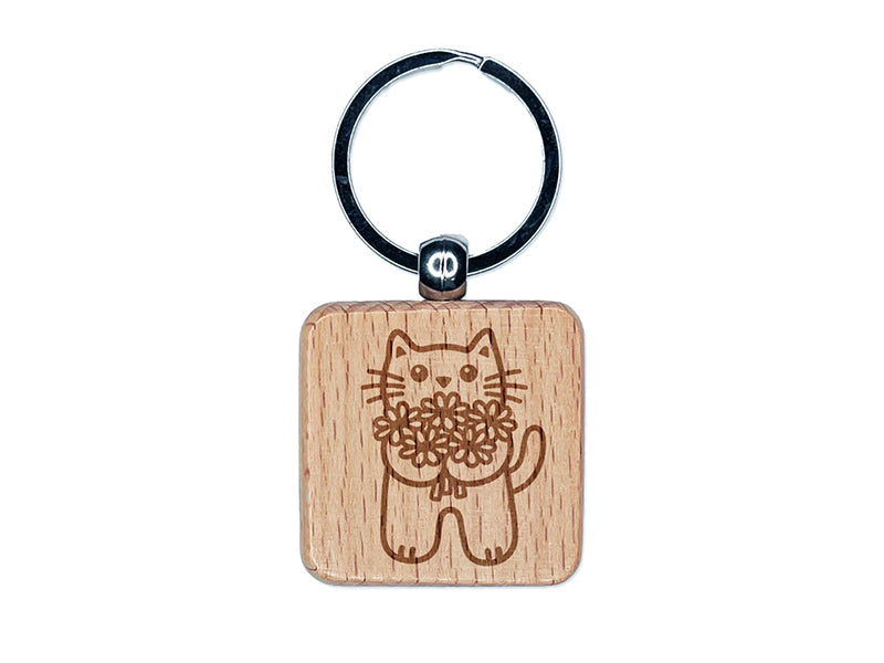 Cat Holding Flowers Engraved Wood Square Keychain Tag Charm