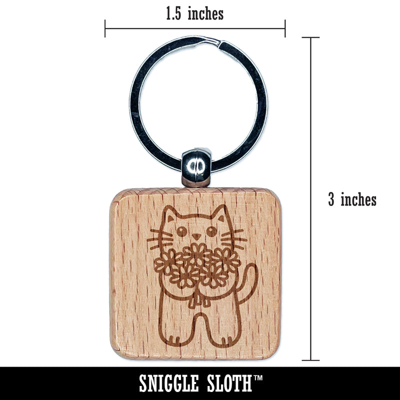Cat Holding Flowers Engraved Wood Square Keychain Tag Charm