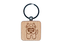 Cat Holding I Love You Heart Anniversary Valentine's Day Engraved Wood Square Keychain Tag Charm