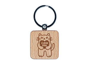 Cat Holding I Love You Heart Anniversary Valentine's Day Engraved Wood Square Keychain Tag Charm
