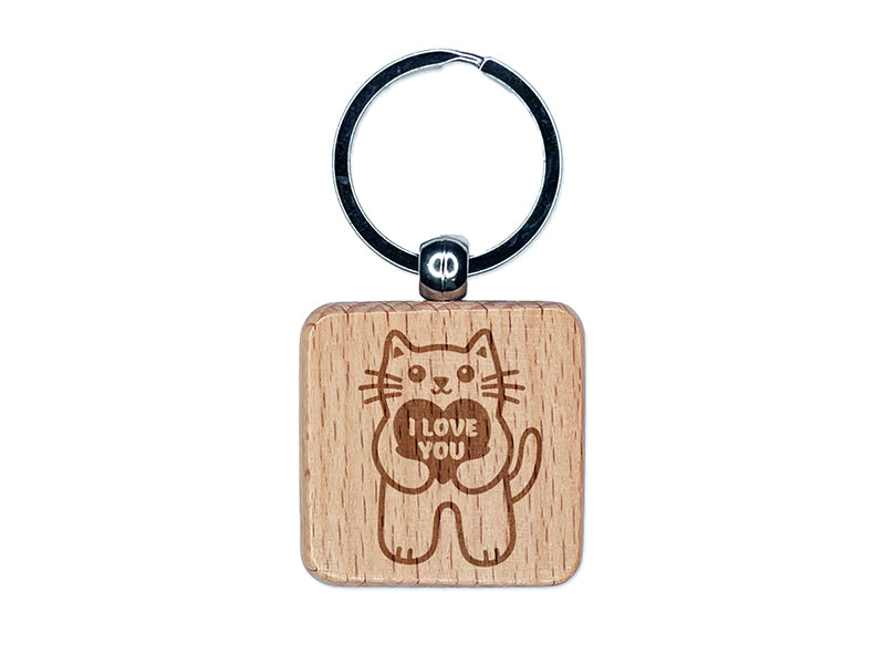 Cat Holding I Love You Heart Anniversary Valentine's Day Engraved Wood Square Keychain Tag Charm