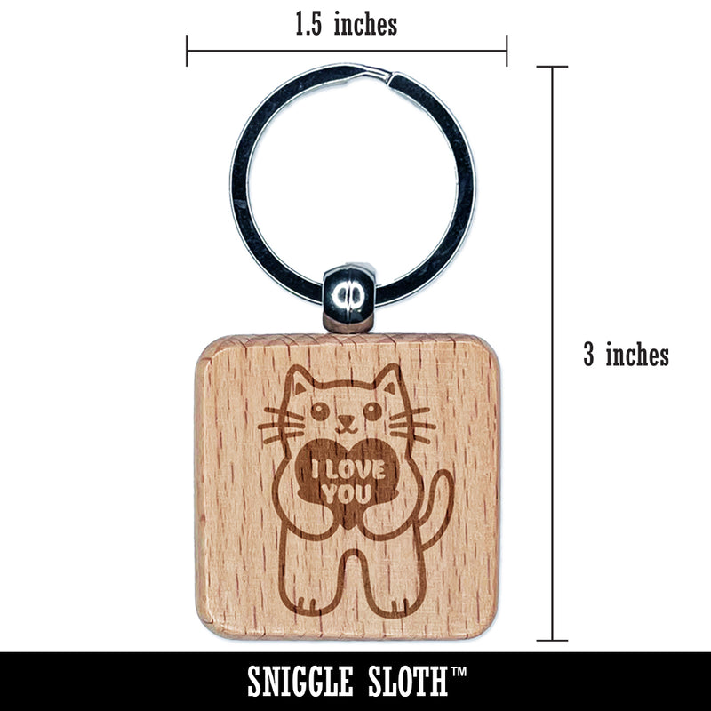 Cat Holding I Love You Heart Anniversary Valentine's Day Engraved Wood Square Keychain Tag Charm