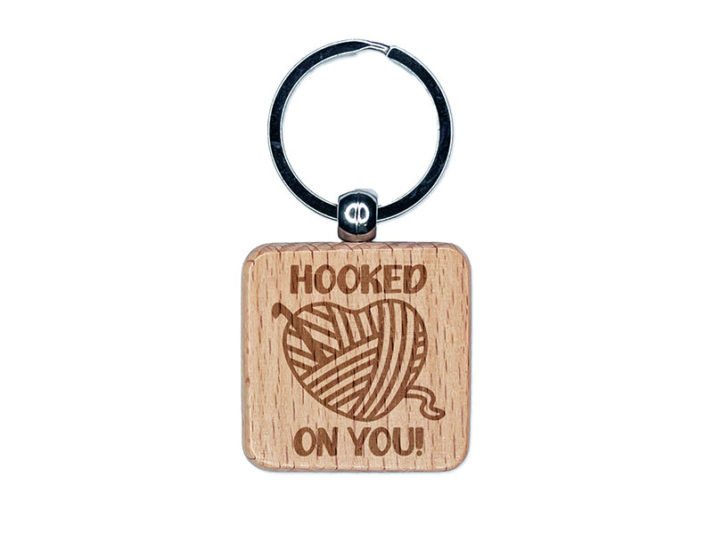 Crochet Hooked on You Heart Yarn Love Valentine's Day Engraved Wood Square Keychain Tag Charm