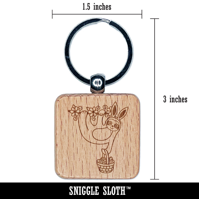 Easter Sloth with Bunny Ears and Basket Engraved Wood Square Keychain Tag Charm