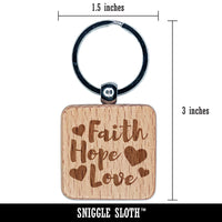 Faith Hope Love with Hearts Engraved Wood Square Keychain Tag Charm