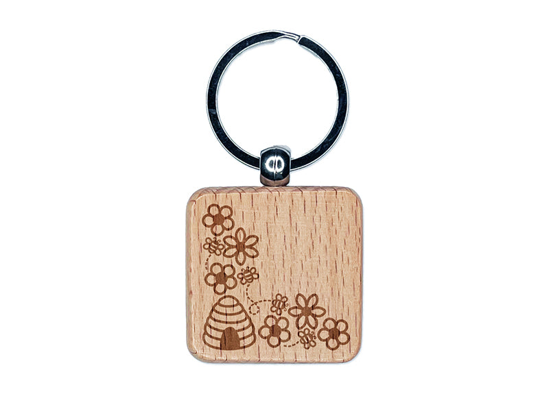 Flowers and Bees Corner Engraved Wood Square Keychain Tag Charm