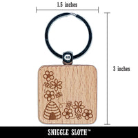 Flowers and Bees Corner Engraved Wood Square Keychain Tag Charm