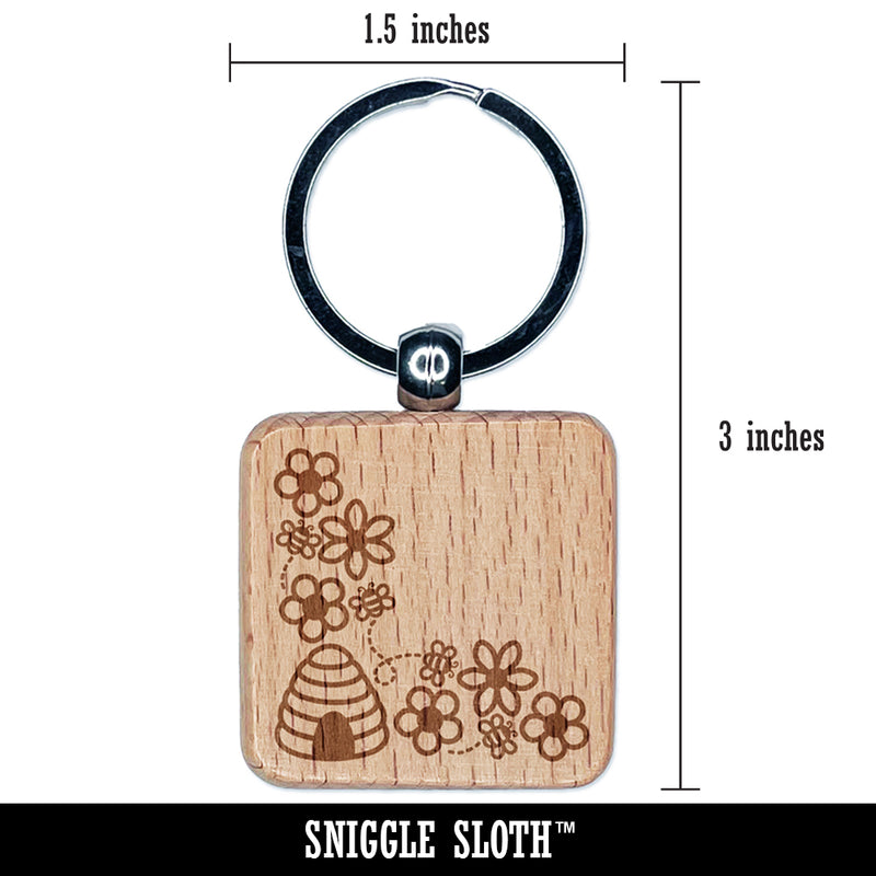 Flowers and Bees Corner Engraved Wood Square Keychain Tag Charm