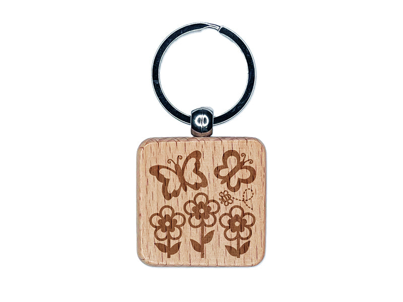 Flowers and Butterflies with Bee Engraved Wood Square Keychain Tag Charm