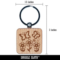 Flowers and Butterflies with Bee Engraved Wood Square Keychain Tag Charm