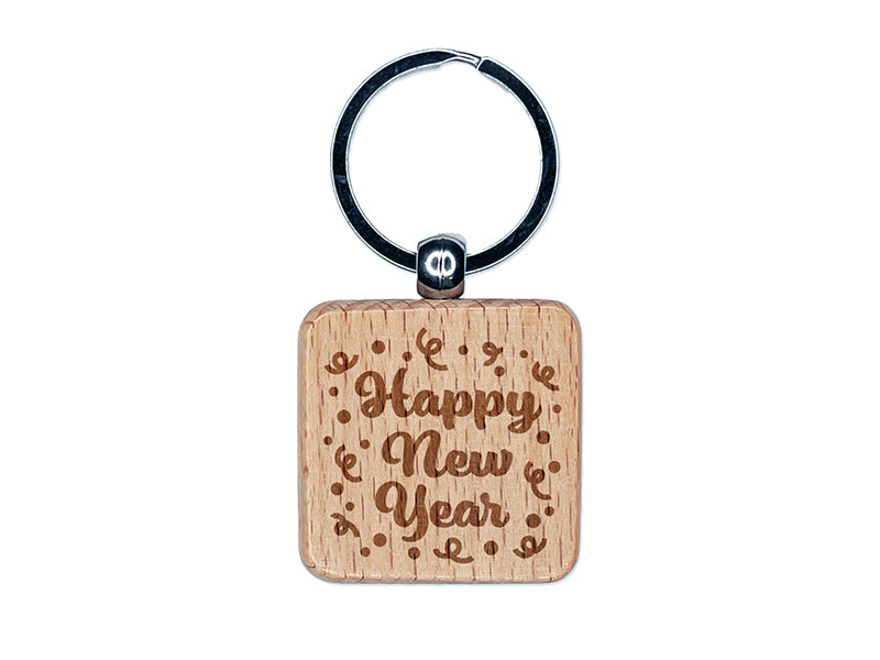 Happy New Year Confetti Engraved Wood Square Keychain Tag Charm