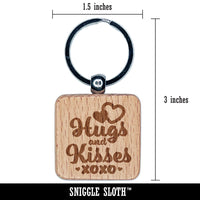 Hugs and Kisses XO Hearts Fun Text Engraved Wood Square Keychain Tag Charm