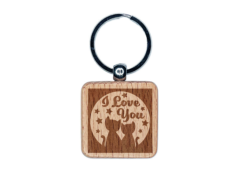 I Love You Moon and Stars Cats Engraved Wood Square Keychain Tag Charm