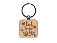 Let Love Grow with Hearts Engraved Wood Square Keychain Tag Charm