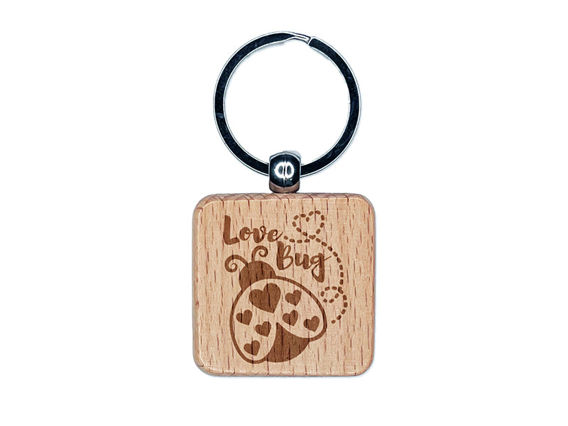 Love Bug Ladybug Lady Engraved Wood Square Keychain Tag Charm