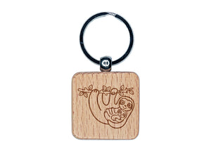 Mother and Baby Sloth Engraved Wood Square Keychain Tag Charm