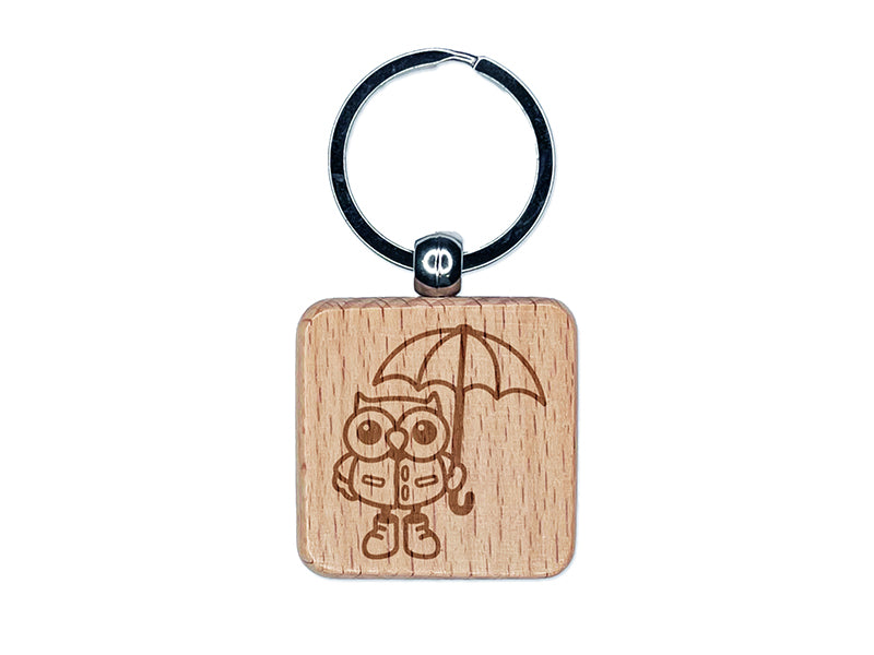 Owl with Umbrella Ready for the Rain Engraved Wood Square Keychain Tag Charm
