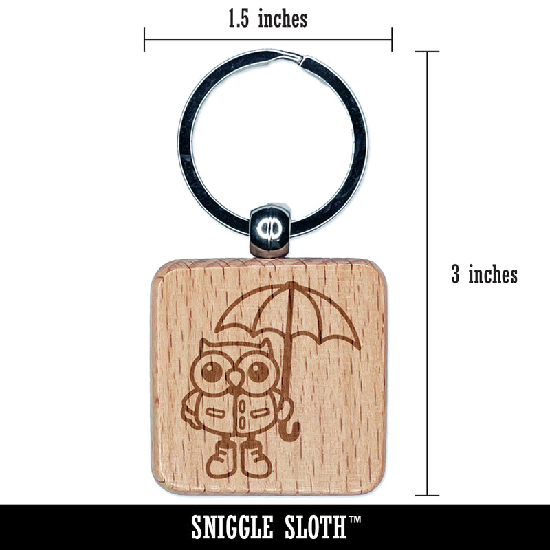 Owl with Umbrella Ready for the Rain Engraved Wood Square Keychain Tag Charm