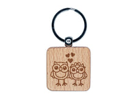 Owls in Love Anniversary Valentine's Day Engraved Wood Square Keychain Tag Charm