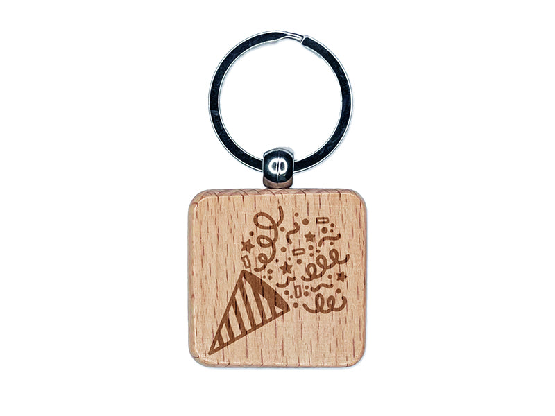 Party Popper with Confetti Celebration Birthday Engraved Wood Square Keychain Tag Charm