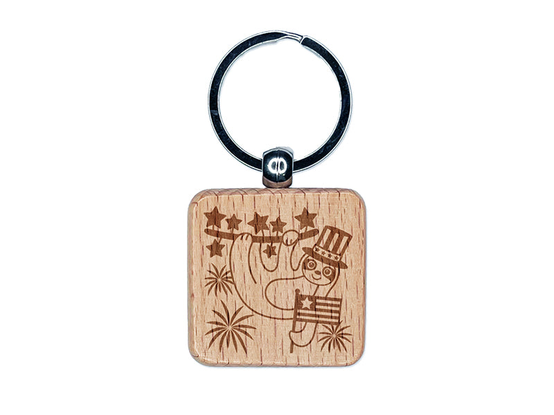 Patriotic Sloth July 4th Independence Day USA United States of America Engraved Wood Square Keychain Tag Charm