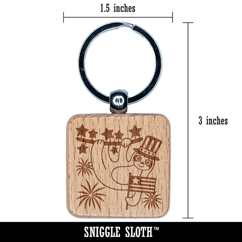 Patriotic Sloth July 4th Independence Day USA United States of America Engraved Wood Square Keychain Tag Charm