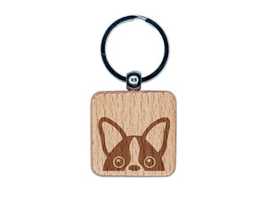Peeking Boston Terrier Dog Engraved Wood Square Keychain Tag Charm
