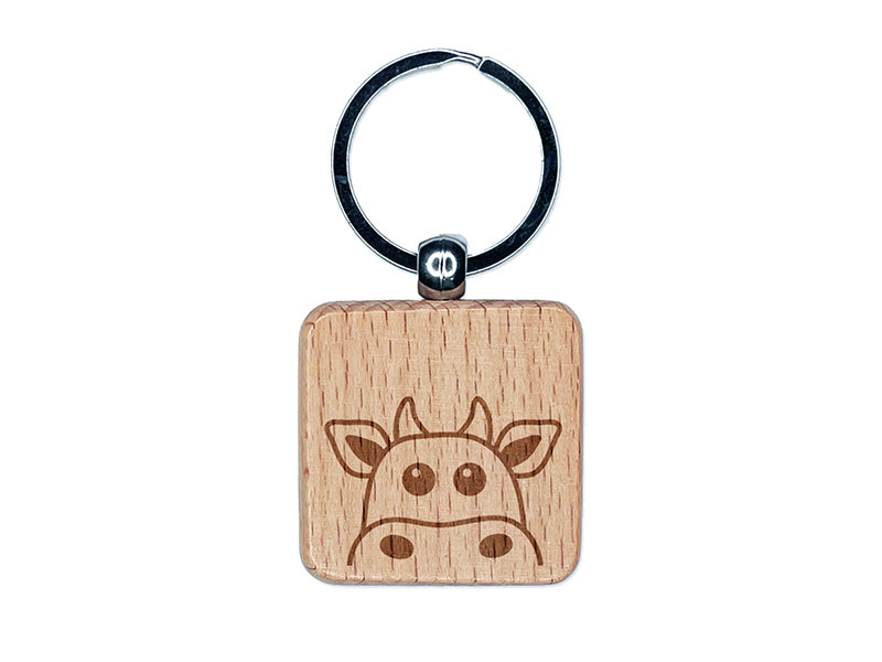 Peeking Cow Engraved Wood Square Keychain Tag Charm