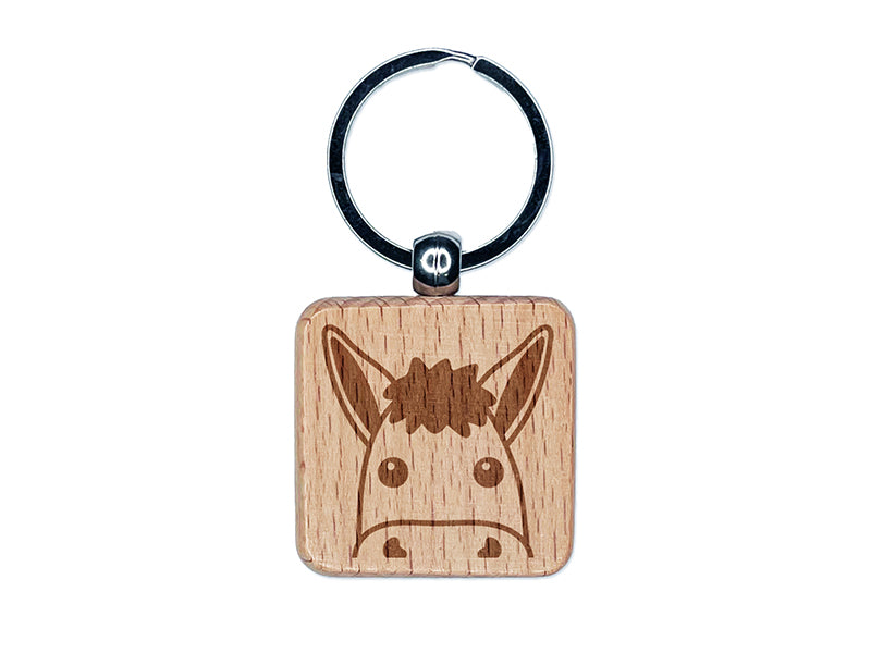 Peeking Donkey Engraved Wood Square Keychain Tag Charm