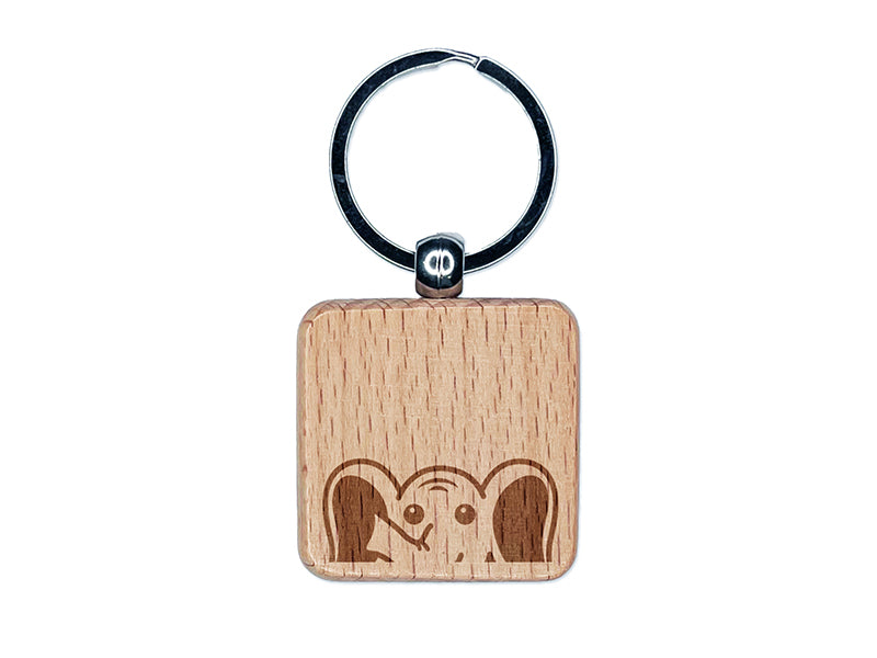 Peeking Elephant Engraved Wood Square Keychain Tag Charm